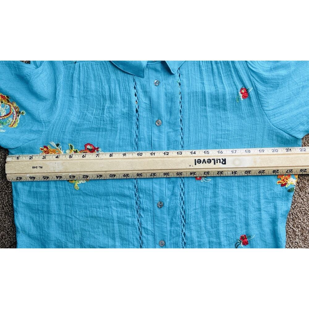 Figueroa & Flower XL Turquoise Embroidered Paisley Gauze Boho Btn Frnt Bell Slv - Picture 7 of 8